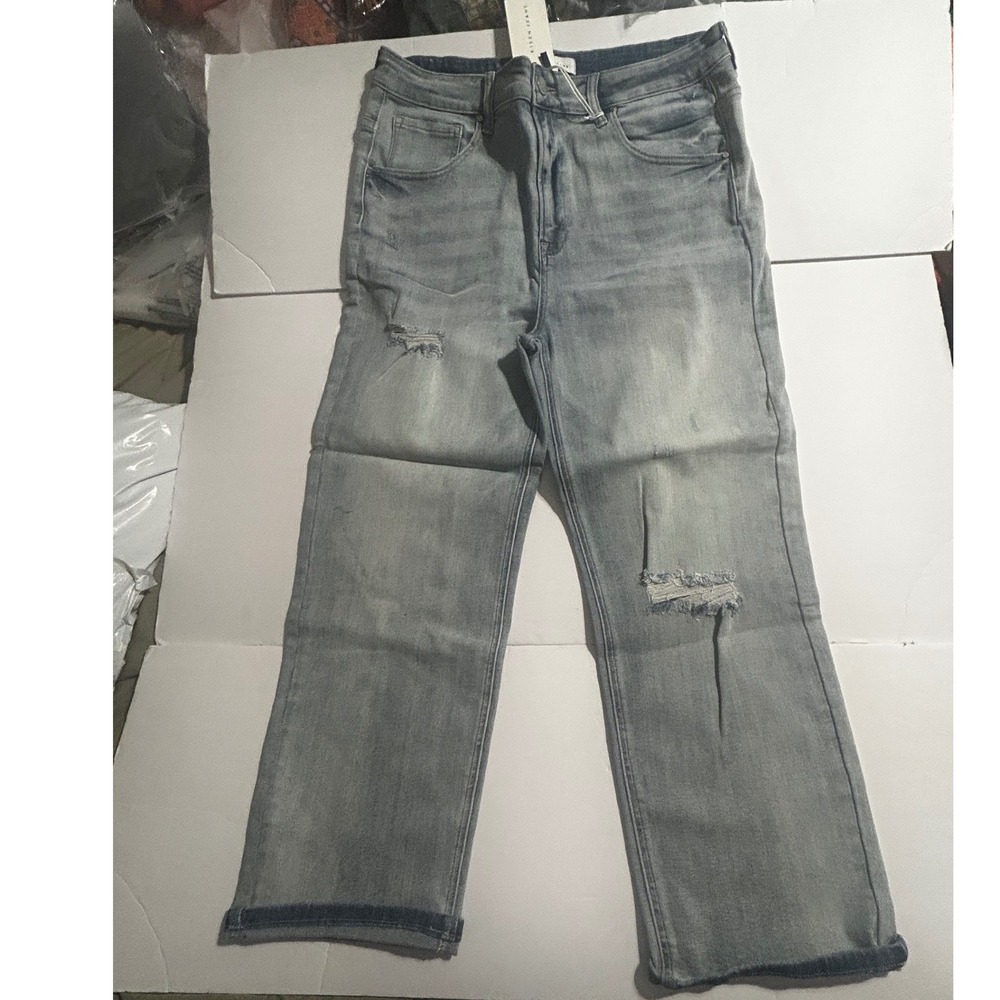 Risen Jeans Womens 1XL Light Wash Distressed Straight Leg Released Hem Jeans